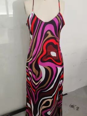 Pucci Inspired Vivid Abstract Print Slip Dress in Pink & Brown